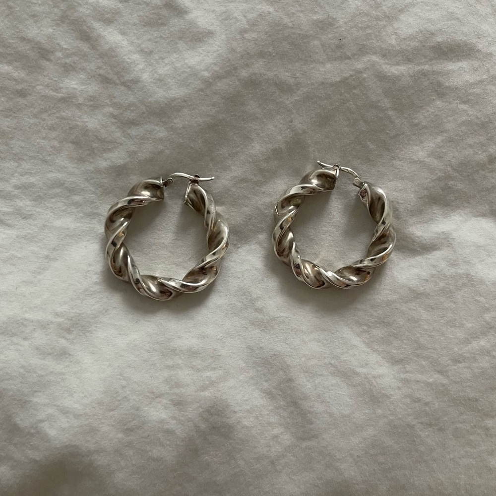 PRICE DROP - Vintage Real Silver Italian Twist Hoop Earrings - Picture 2 of 4